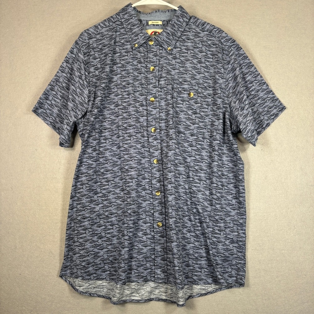 Field & Forest Mens Button Down Shirt XL Blue Bayside Stretch Outdoor Fish Print